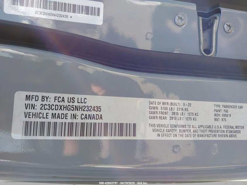2022 DODGE CHARGER VIN: 2C3CDXHG5NH232435