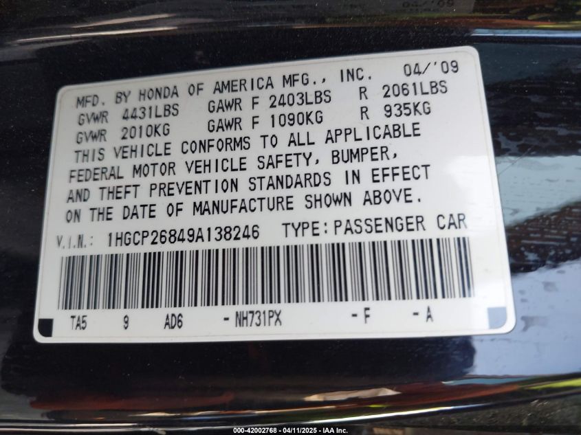 2009 Honda Accord 2.4 Ex-L VIN: 1HGCP26849A138246 Lot: 42002768