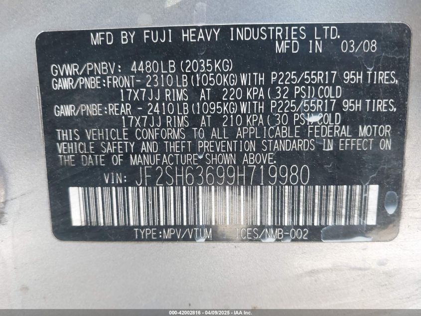 2009 Subaru Forester 2.5X VIN: JF2SH63699H719980 Lot: 42002816