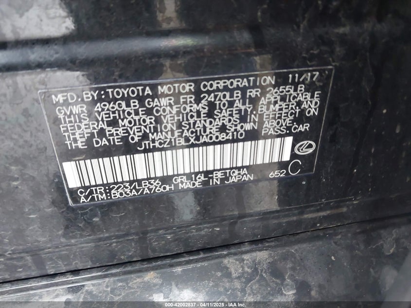 2018 LEXUS GS VIN: JTHCZ1BLXJA008410