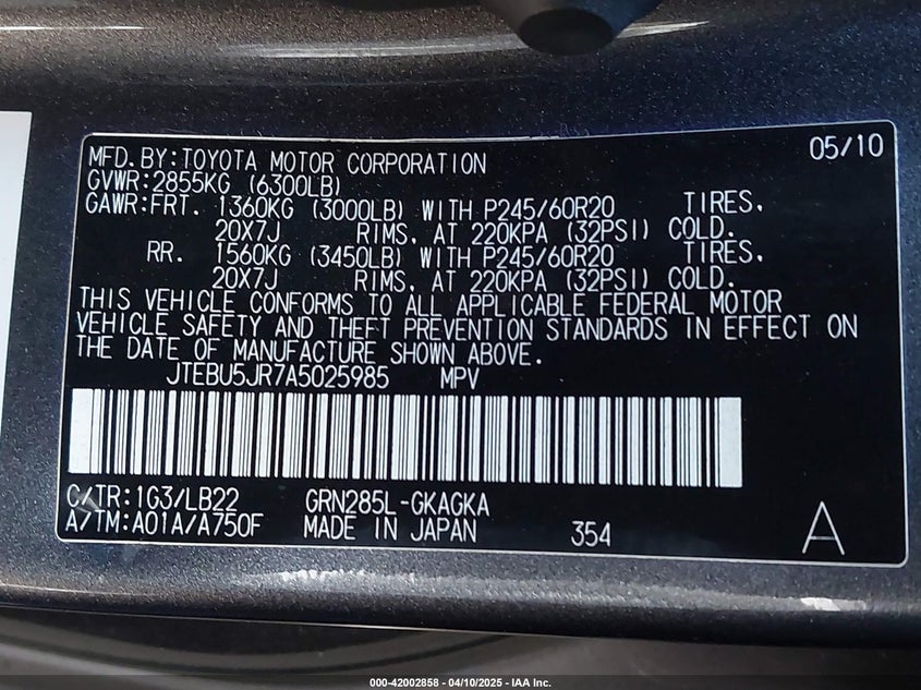 2010 TOYOTA 4RUNNER VIN: JTEBU5JR7A5025985