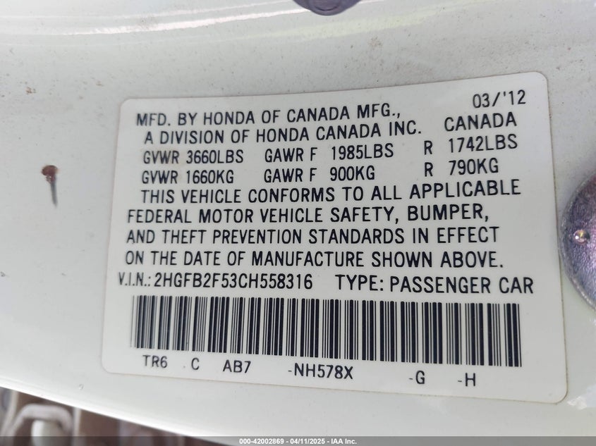 2012 HONDA CIVIC VIN: 2HGFB2F53CH558316
