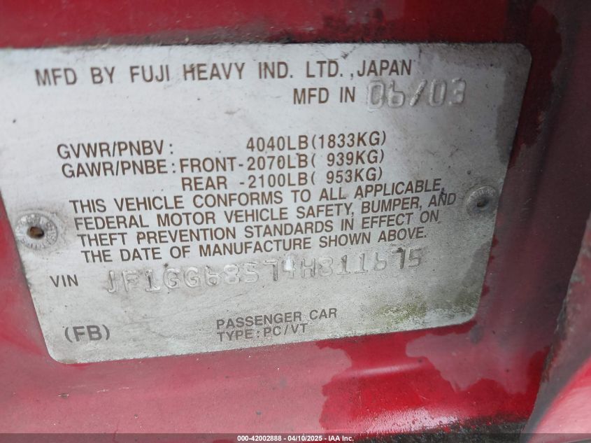 2004 Subaru Impreza Outback Sport VIN: JF1GG68574H811675 Lot: 42002888