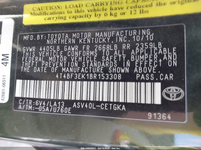 2011 TOYOTA CAMRY VIN: 4T4BF3EK1BR153308