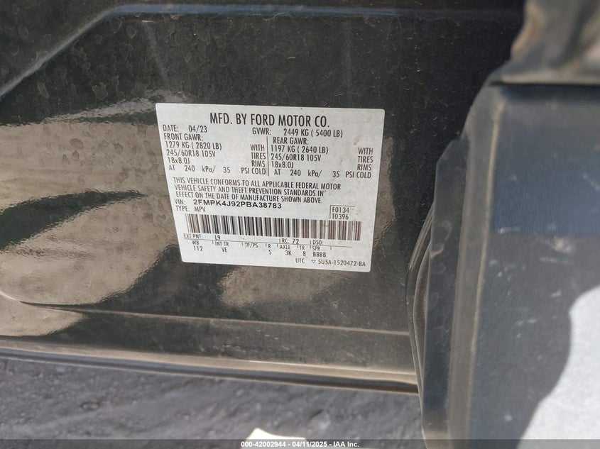 2023 Ford Edge Sel VIN: 2FMPK4J92PBA38783 Lot: 42002944