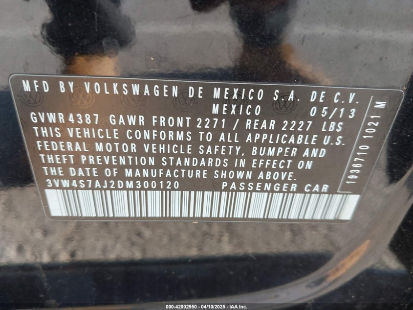 2013 VOLKSWAGEN JETTA VIN: 3VW4S7AJ2DM300120