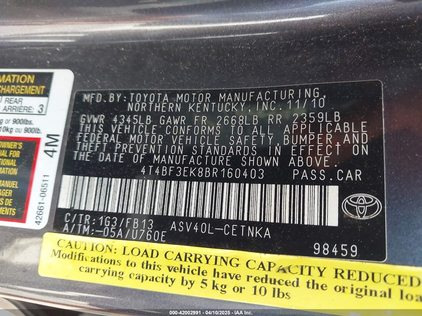 2011 TOYOTA CAMRY VIN: 4T4BF3EK8BR160403