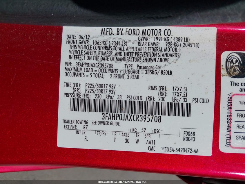 2012 FORD FUSION VIN: 3FAHP0JAXCR395708