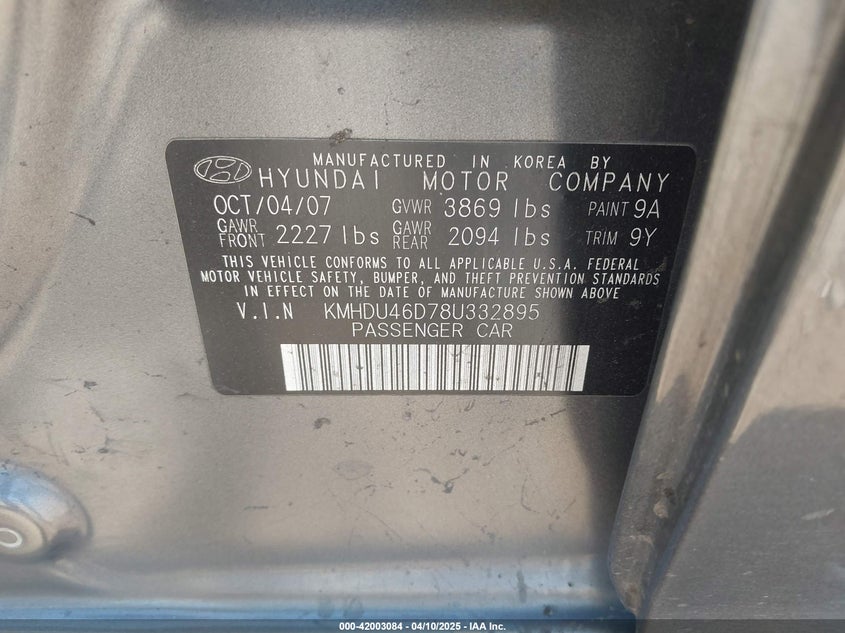 2008 HYUNDAI ELANTRA VIN: KMHDU46D78U332895