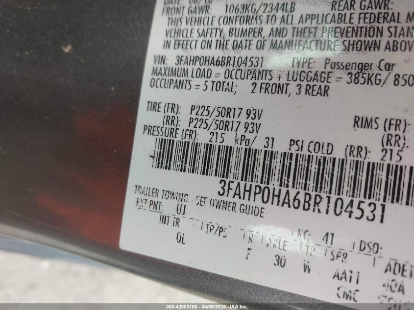 2011 FORD FUSION VIN: 3FAHP0HA6BR104531