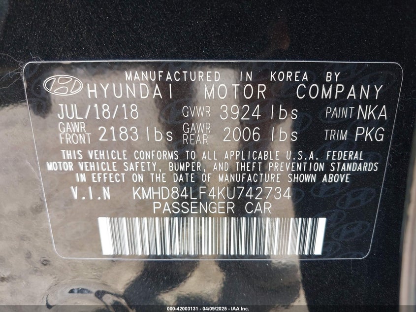 VIN KMHD84LF4KU742734 2019 HYUNDAI ELANTRA SEL