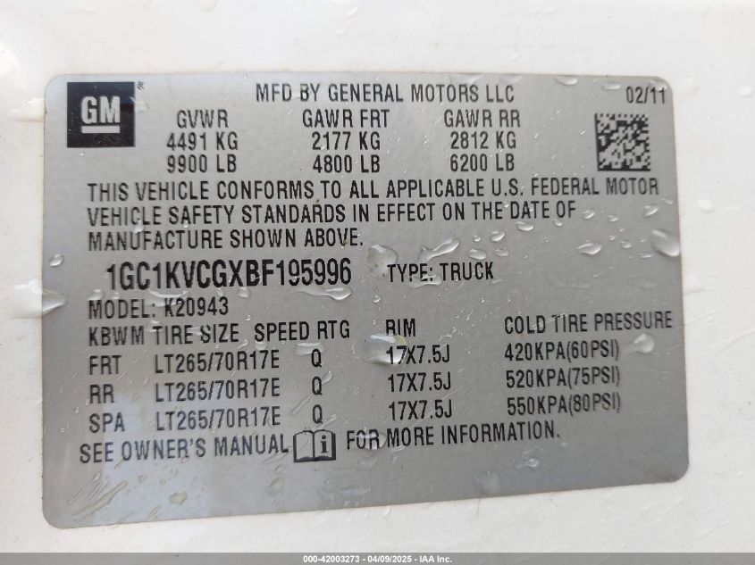 2011 Chevrolet Silverado 2500Hd Work Truck VIN: 1GC1KVCGXBF195996 Lot: 42003273