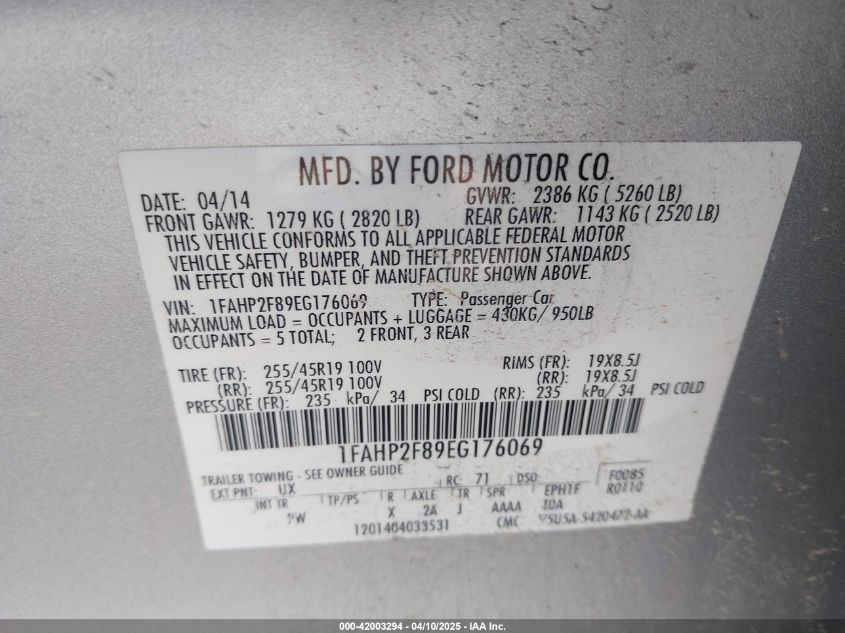 2014 Ford Taurus Limited VIN: 1FAHP2F89EG176069 Lot: 42003294