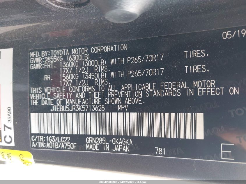 2019 Toyota 4Runner Trd Off Road Premium VIN: JTEBU5JR3K5713628 Lot: 42003303