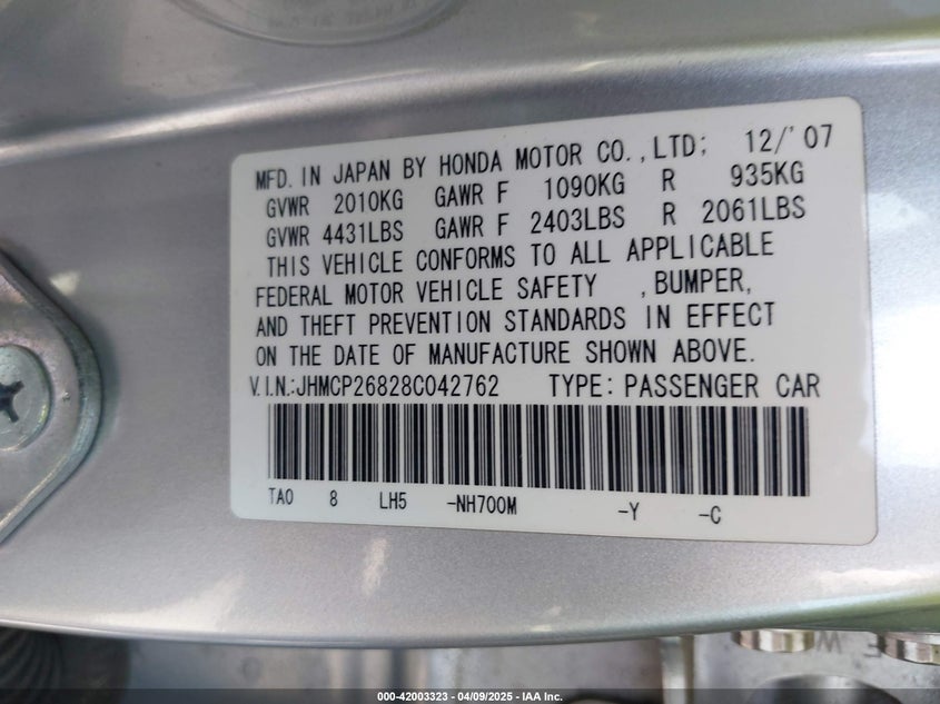 2008 HONDA ACCORD VIN: JHMCP26828C042762