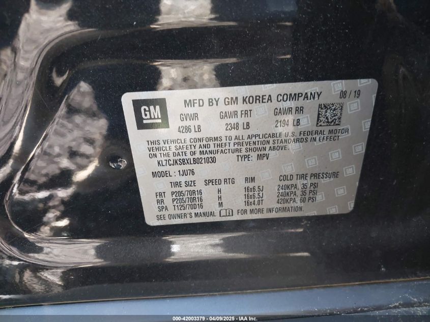 2020 Chevrolet Trax Fwd Ls VIN: KL7CJKSBXLB021030 Lot: 42003379