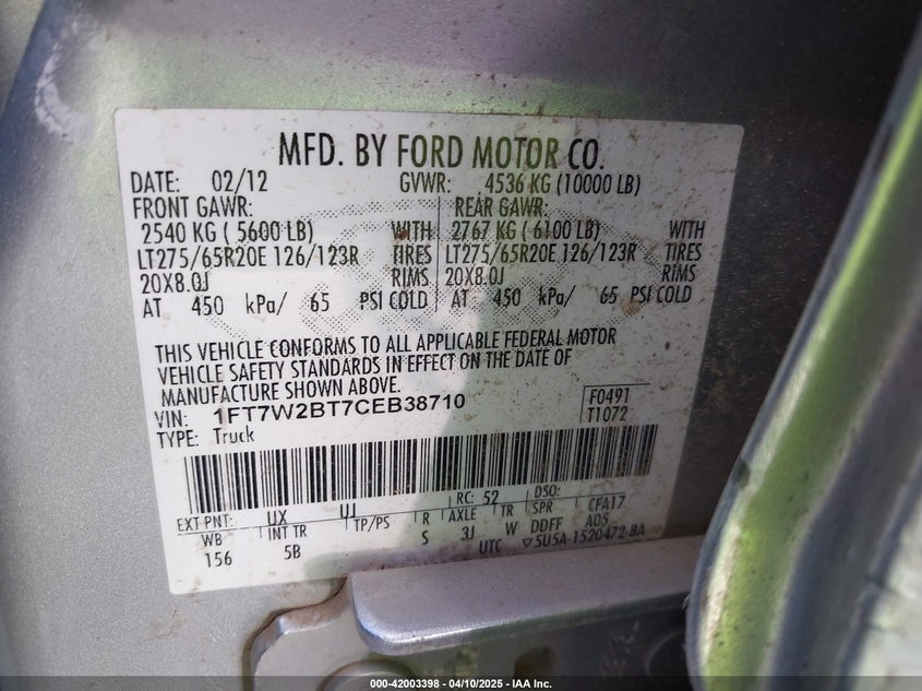 2012 FORD F250 VIN: 1FT7W2BT7CEB38710