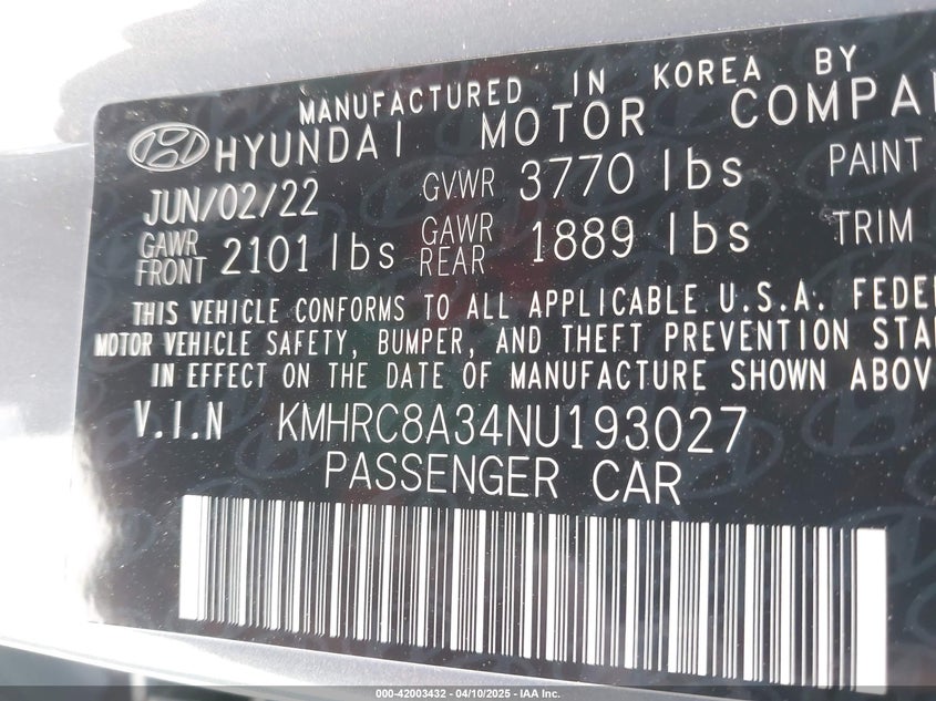 2022 HYUNDAI VENUE VIN: KMHRC8A34NU193027