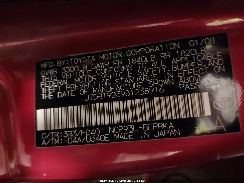 2008 Toyota Yaris VIN: JTDBT923981238916 Lot: 42003476