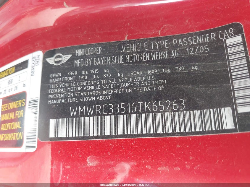 2006 MINI COOPER VIN: WMWRC33516TK65263
