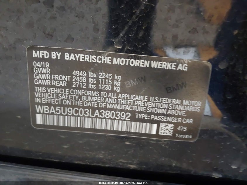 2020 BMW 3 SERIES VIN: WBA5U9C03LA380392