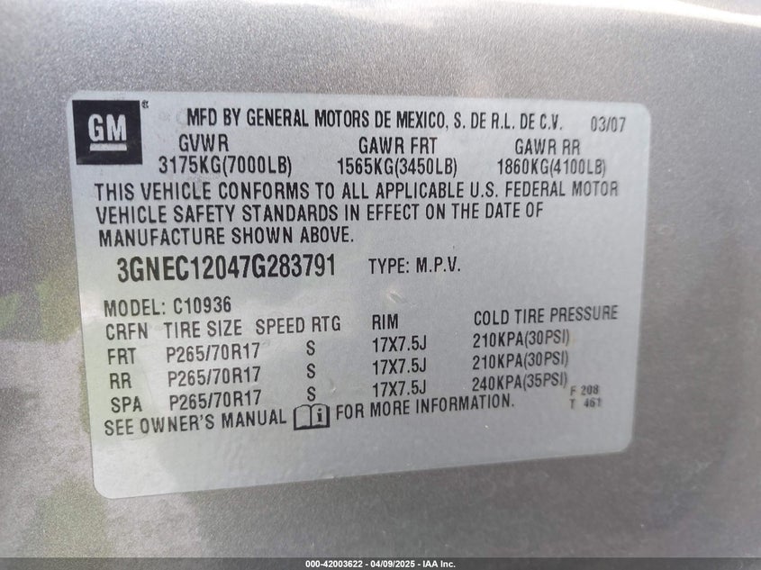 2007 CHEVROLET AVALANCHE 1500 VIN: 3GNEC12047G283791