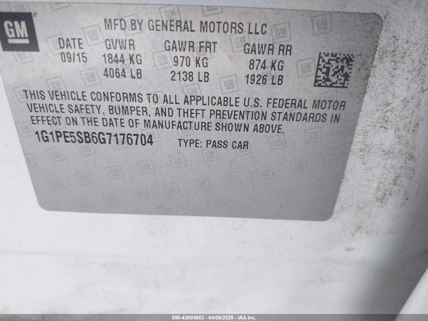 2016 Chevrolet Cruze Limited 1Lt Auto VIN: 1G1PE5SB6G7176704 Lot: 42003652
