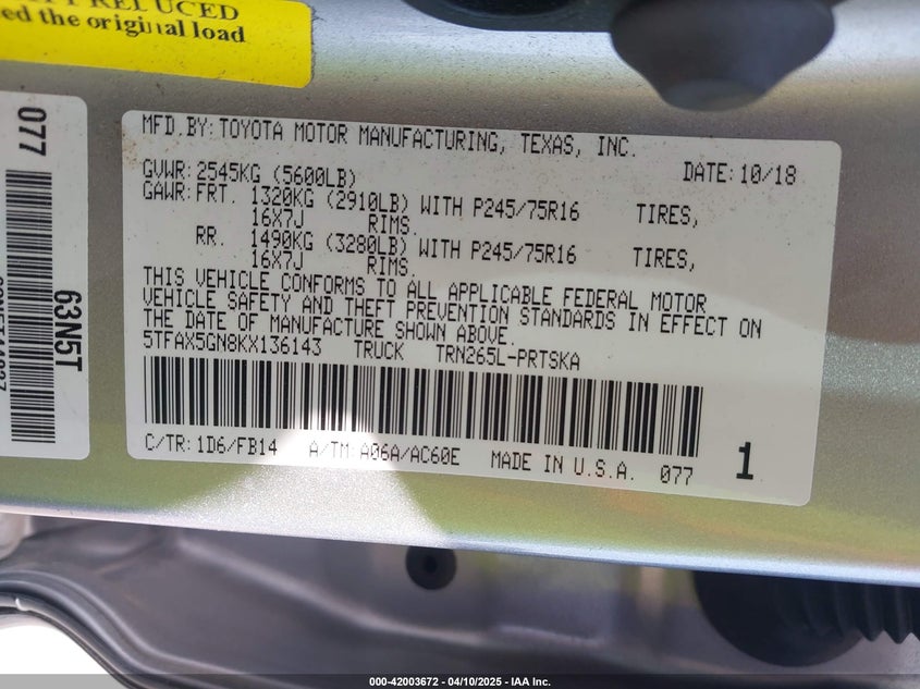 2019 TOYOTA TACOMA VIN: 5TFAX5GN8KX136143