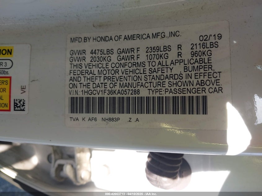 2019 HONDA ACCORD VIN: 1HGCV1F36KA057288