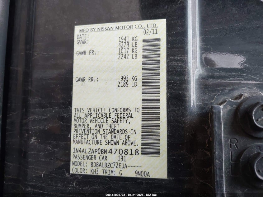 2011 NISSAN ALTIMA VIN: 1N4AL2AP0BN470818