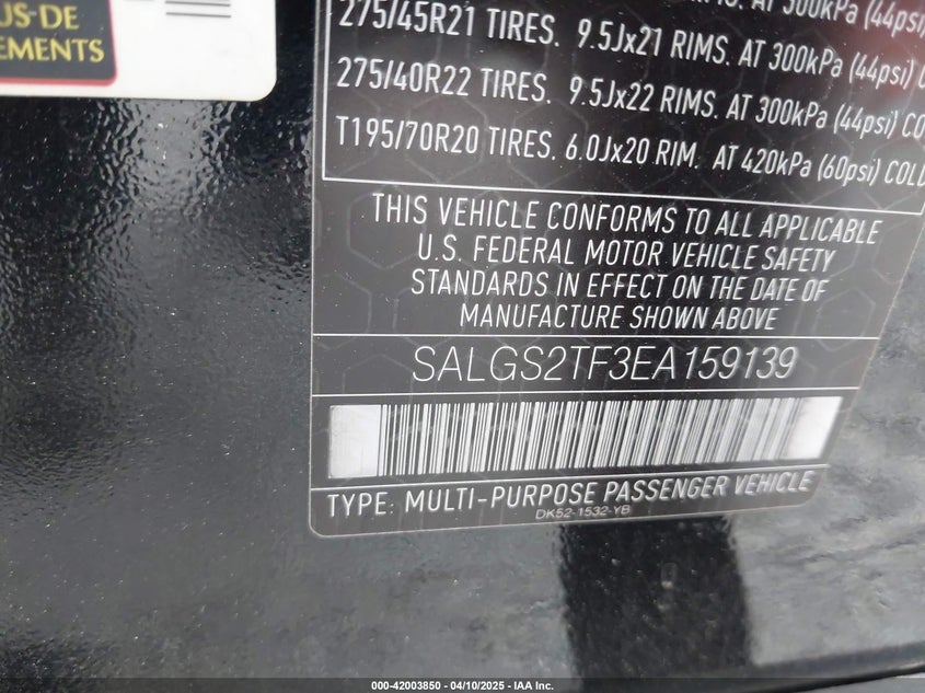 2014 LAND ROVER RANGE ROVER VIN: SALGS2TF3EA159139