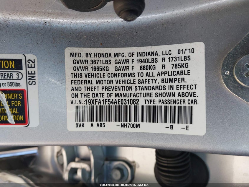 2010 HONDA CIVIC VIN: 19XFA1F54AE031082