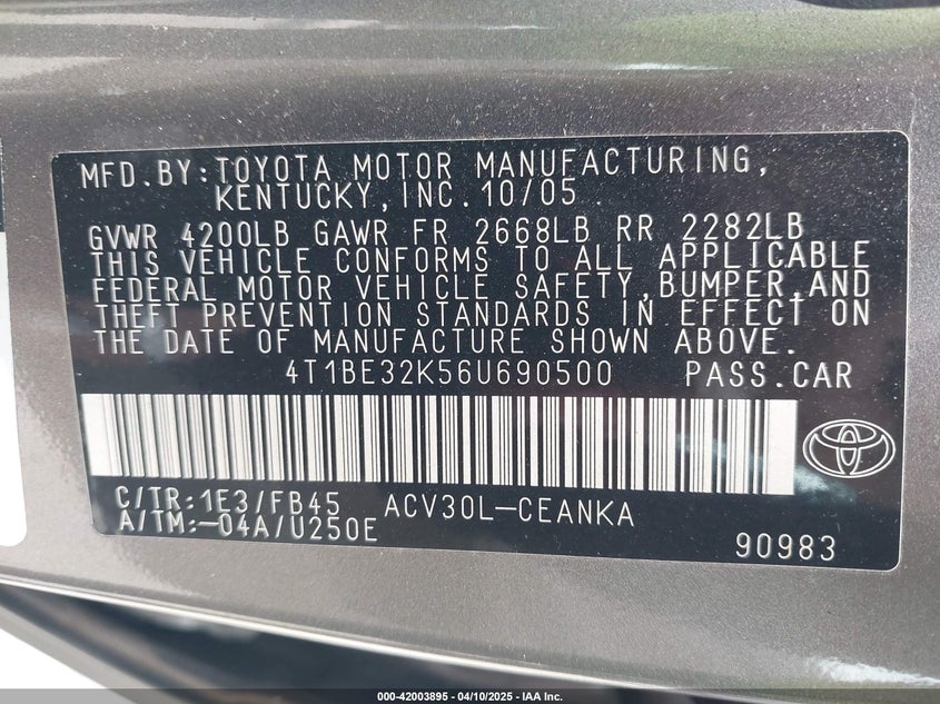 2006 TOYOTA CAMRY VIN: 4T1BE32K56U690500