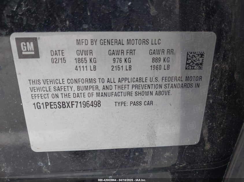 2015 CHEVROLET CRUZE VIN: 1G1PE5SBXF7196498