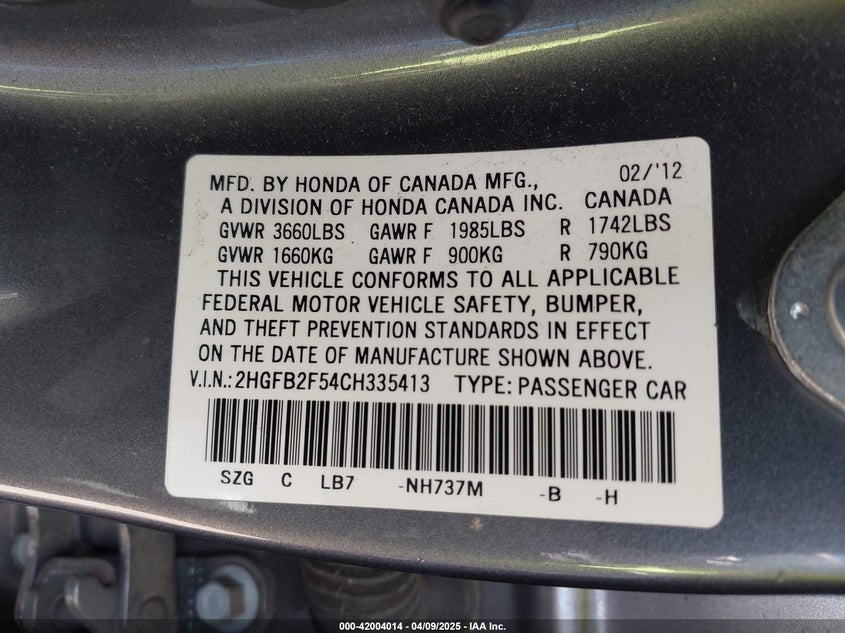 2012 HONDA CIVIC VIN: 2HGFB2F54CH335413
