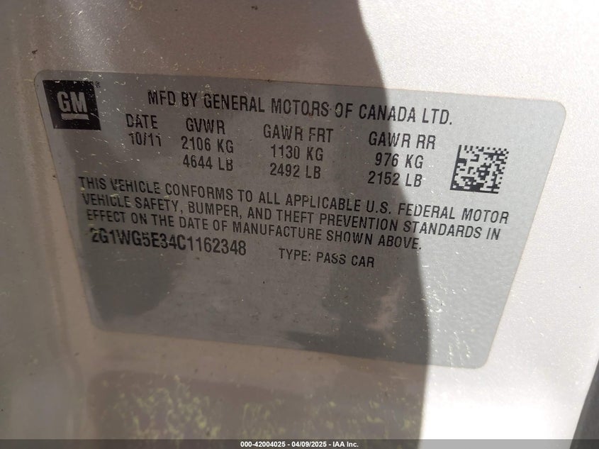 2012 CHEVROLET IMPALA VIN: 2G1WG5E34C1162348