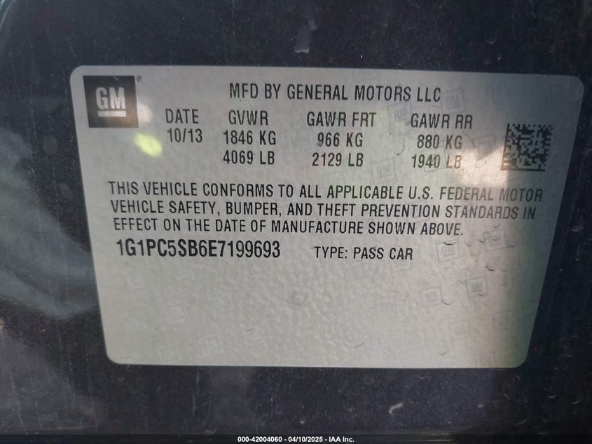 2014 CHEVROLET CRUZE VIN: 1G1PC5SB6E7199693