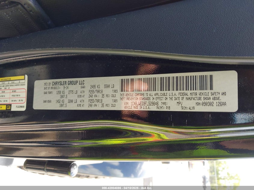 2015 JEEP WRANGLER UNLIMITED VIN: 1C4BJWEG9FL529646