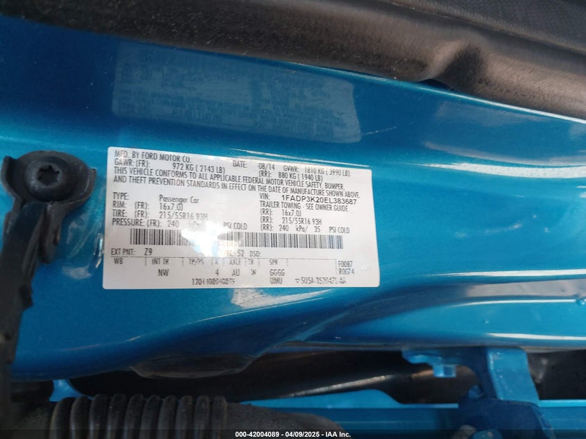 2014 FORD FOCUS VIN: 1FADP3K20EL383687