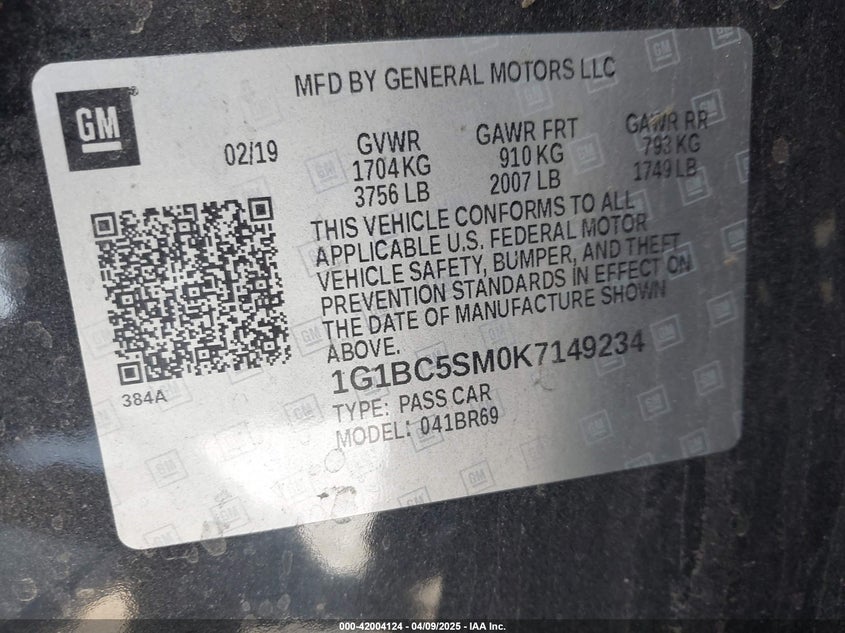2019 CHEVROLET CRUZE VIN: 1G1BC5SM0K7149234