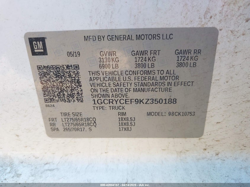 2019 CHEVROLET SILVERADO 1500 VIN: 1GCRYCEF9KZ350188