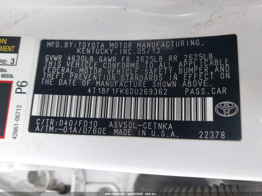 2013 TOYOTA CAMRY VIN: 4T1BF1FK6DU269362