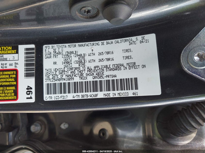 2021 TOYOTA TACOMA VIN: 3TMCZ5AN0MM418099