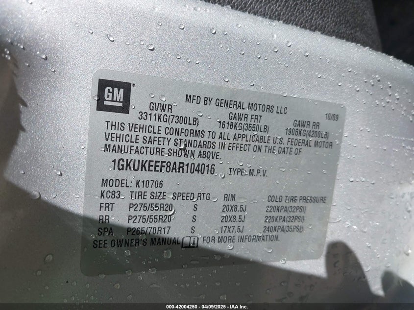 2010 GMC YUKON VIN: 1GKUKEEF8AR104016