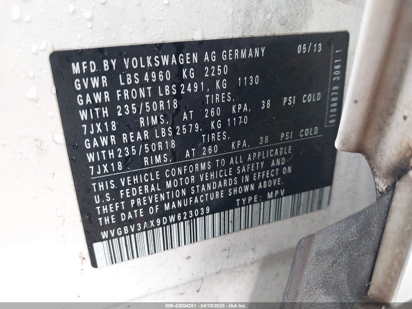 2013 VOLKSWAGEN TIGUAN SE - WVGBV3AX9DW623039