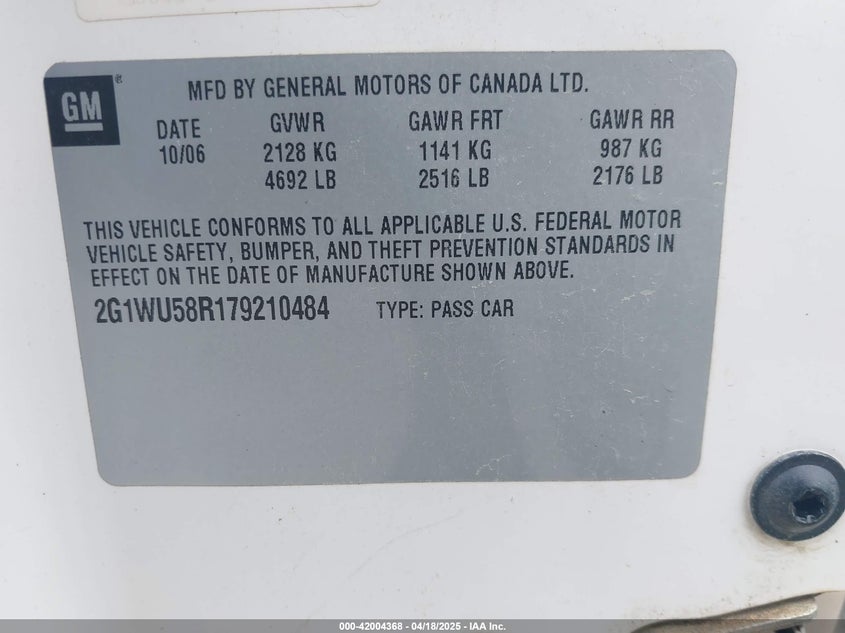 2007 CHEVROLET IMPALA VIN: 2G1WU58R179210484