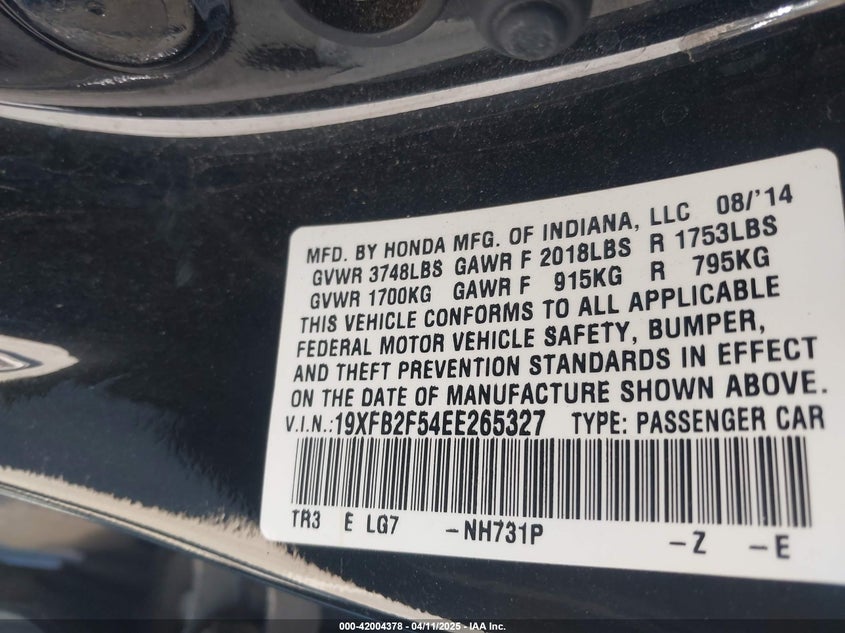 2014 HONDA CIVIC VIN: 19XFB2F54EE265327