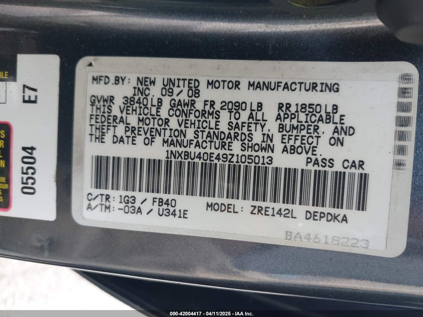 2009 TOYOTA COROLLA VIN: 1NXBU40E49Z105013