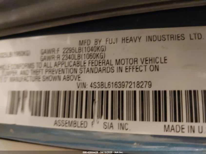 2009 Subaru Legacy VIN: 4S3BL616397721827 Lot: 42004428