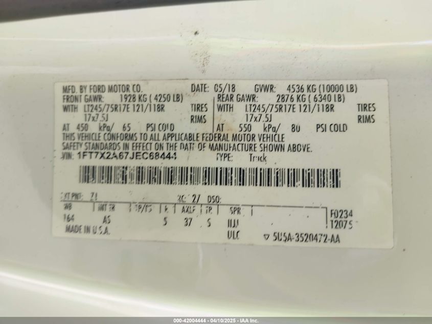 2018 Ford F-250 Xl VIN: 1FT7X2A67JEC68444 Lot: 43167010